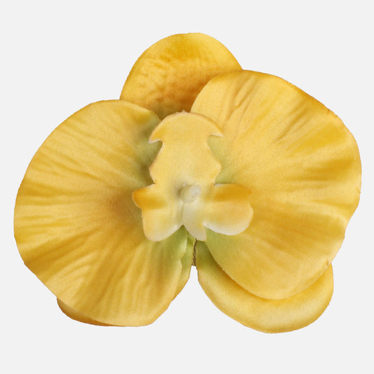 Tumma keltainen tekoorkidean kukkapää, satiini, 12 cm