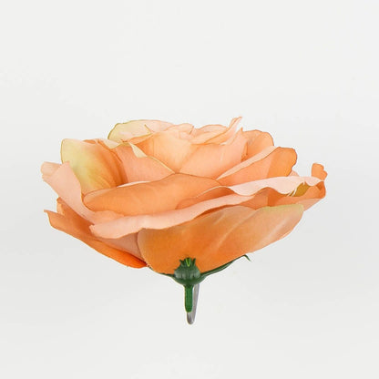 Vaalea/oranssi/vihreä tekoruusun kukkapää, satiini, 7 cm, 12 kpl