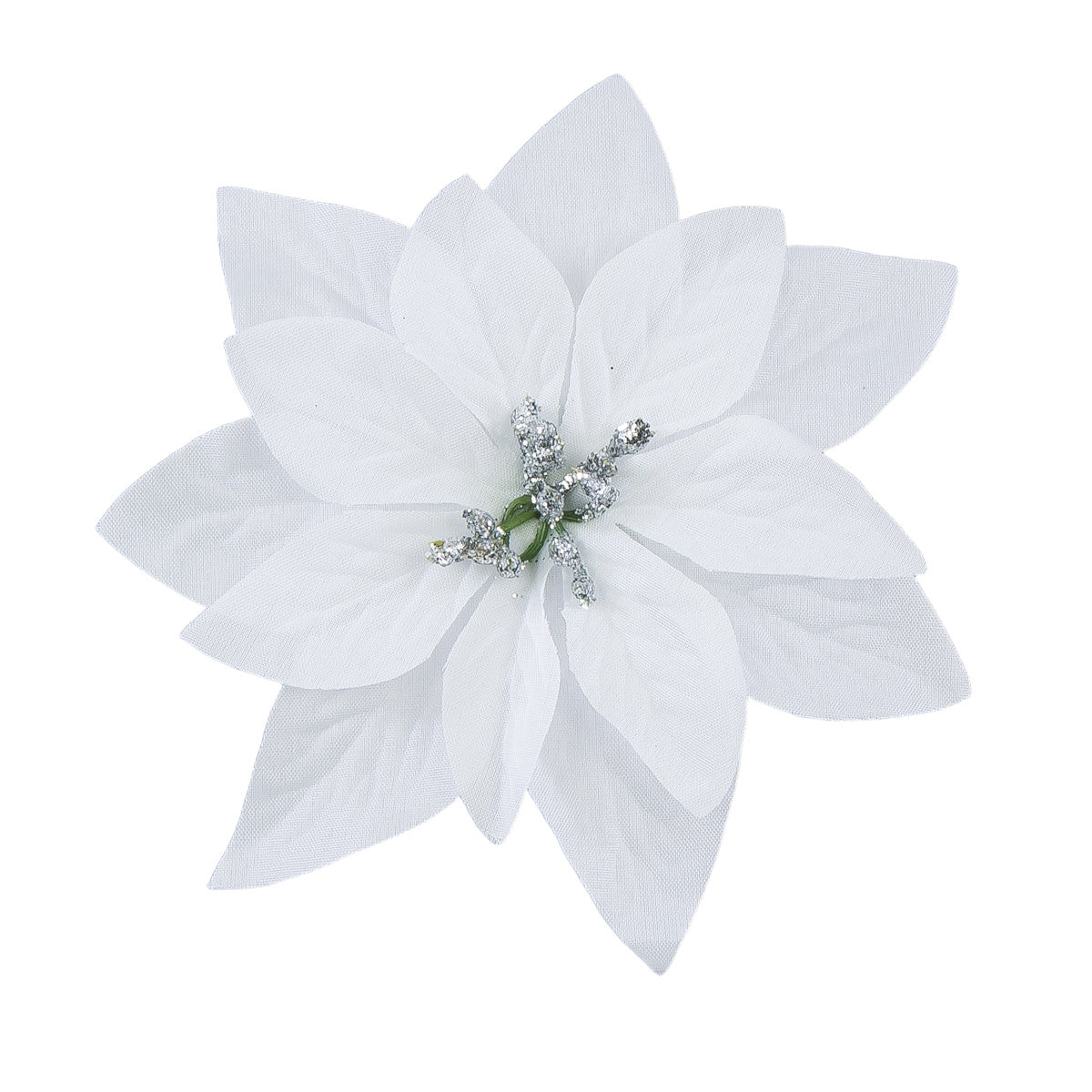 Valkoinen/hopea joulutähti – tekokukkapää, kimalle, 14 cm, 12 kpl
