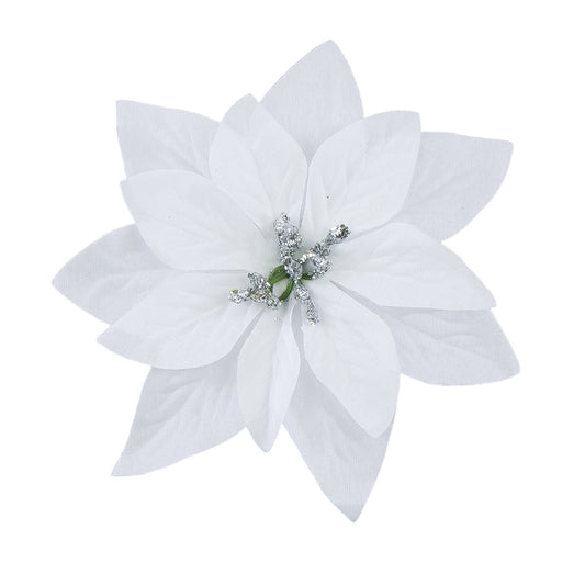 Valkoinen/hopea joulutähti – tekokukkapää, kimalle, 14 cm, 12 kpl